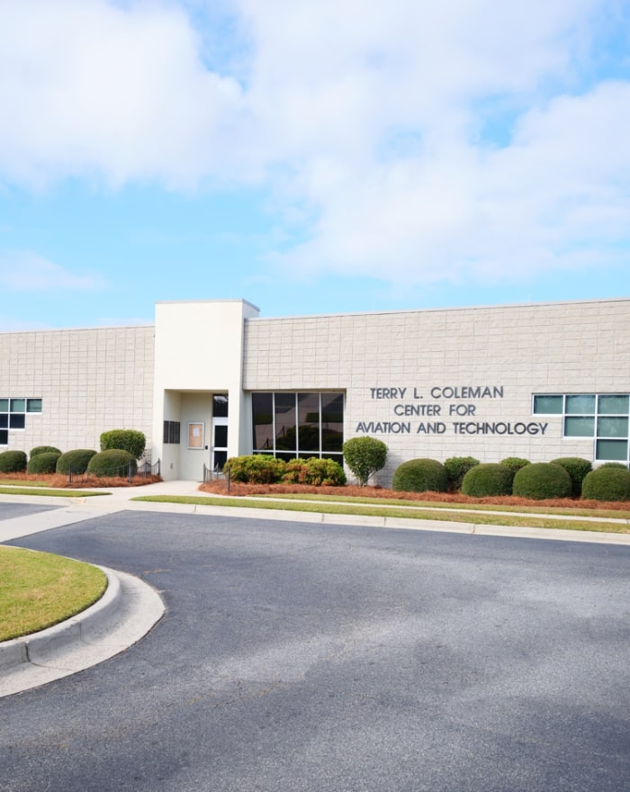 The front of the Terry L. Coleman Cetner for Aviation and Technology at MGA's Eastman campus